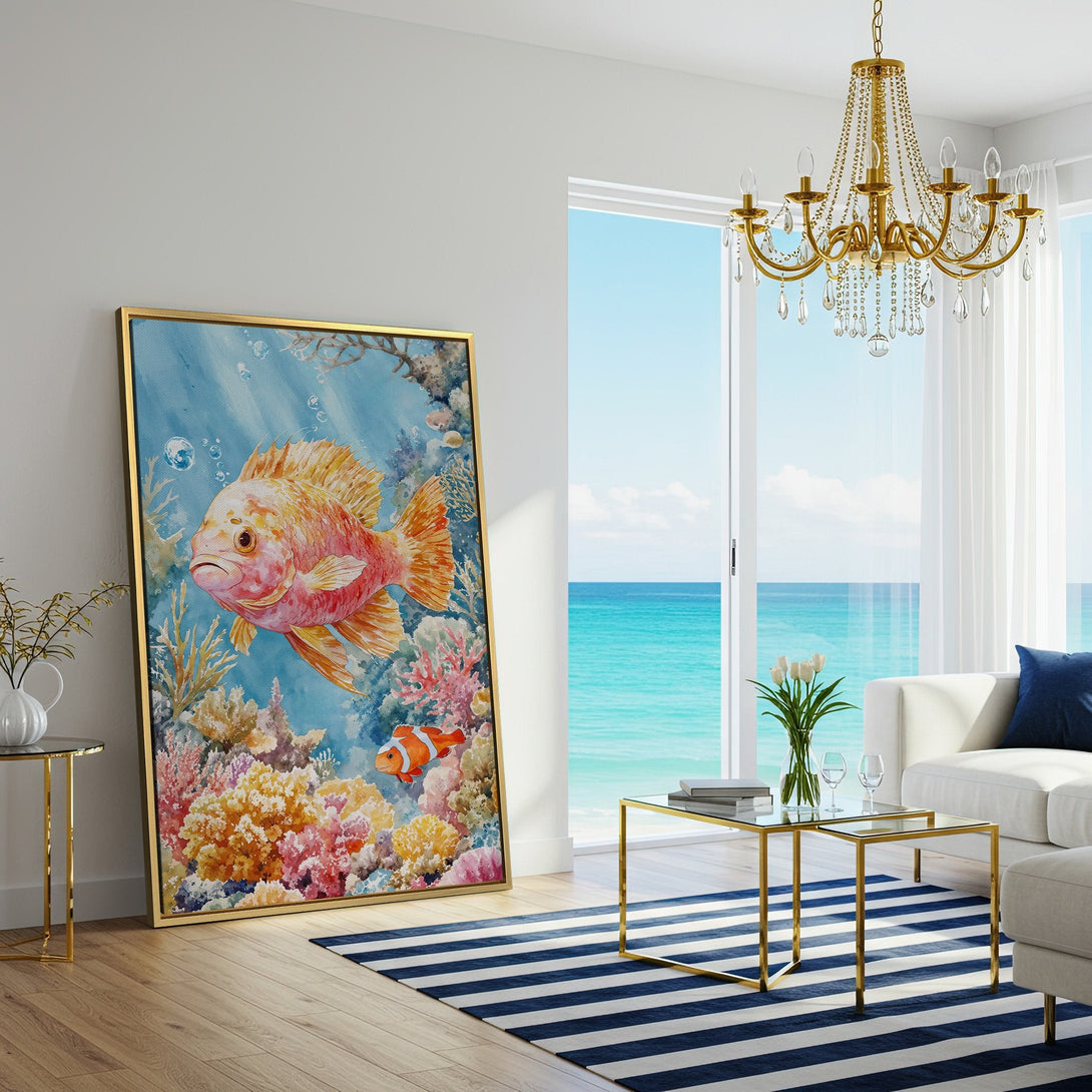Canvas Print of a vibrant watercolor fish scene. Featuring a coral reef in a colorful palette of blues, oranges, and pinks. Perfect wall art for coastal decor.