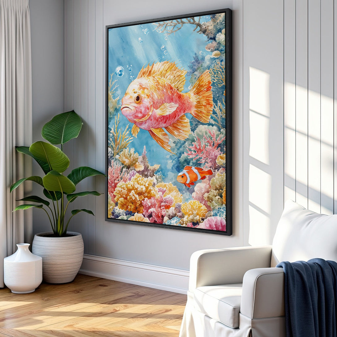 Framed Wall Art featuring a vibrant watercolor painting of fish and coral reefs. Adds a splash of color with a warm, inviting palette to any room.
