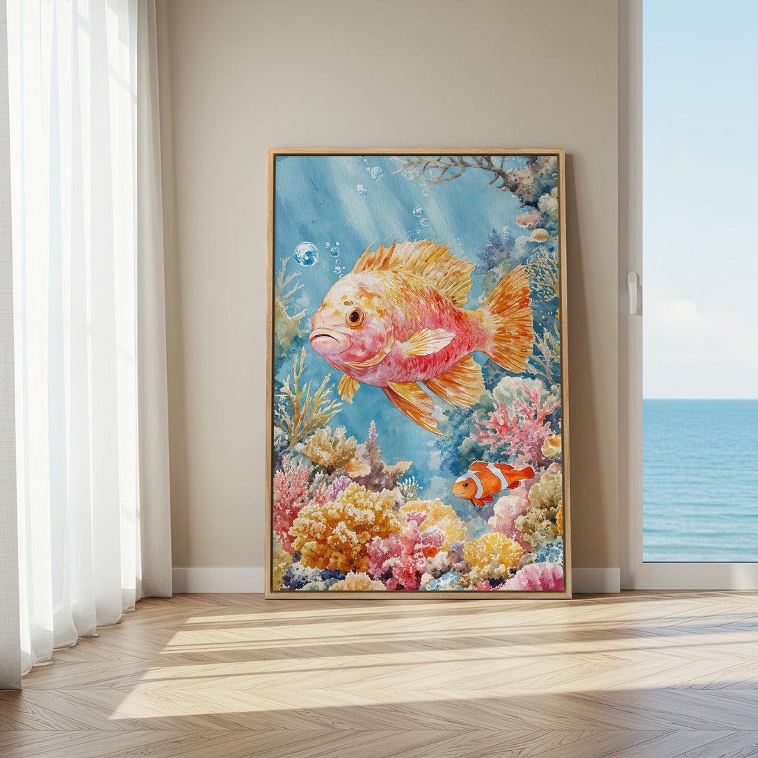 Framed Wall Art: Watercolor fish painting in a vibrant coral reef scene. Colorful palette with blues, oranges, and pinks. Perfect coastal decor!