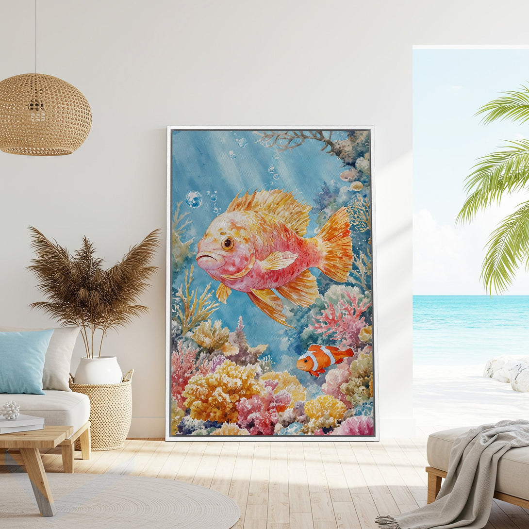 Framed Wall Art: Watercolor painting of fish & coral reef in vibrant colors. Coastal decor with a tropical vibe. Perfect for a beach house or ocean-themed room.
