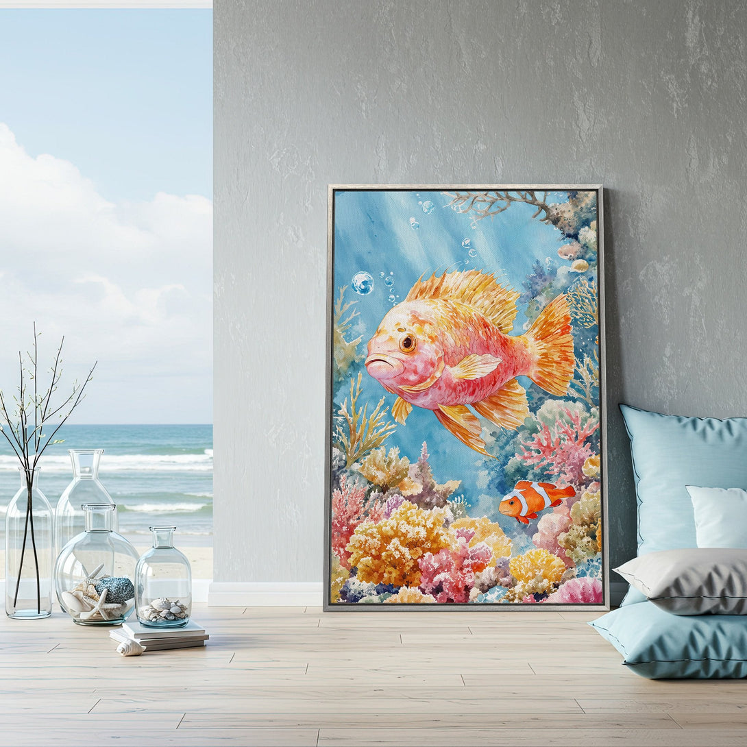 Framed Wall Art: Watercolor fish & coral reef art in vibrant colors. Coastal decor with a serene blue, orange, and pink palette. Perfect for a beach house!