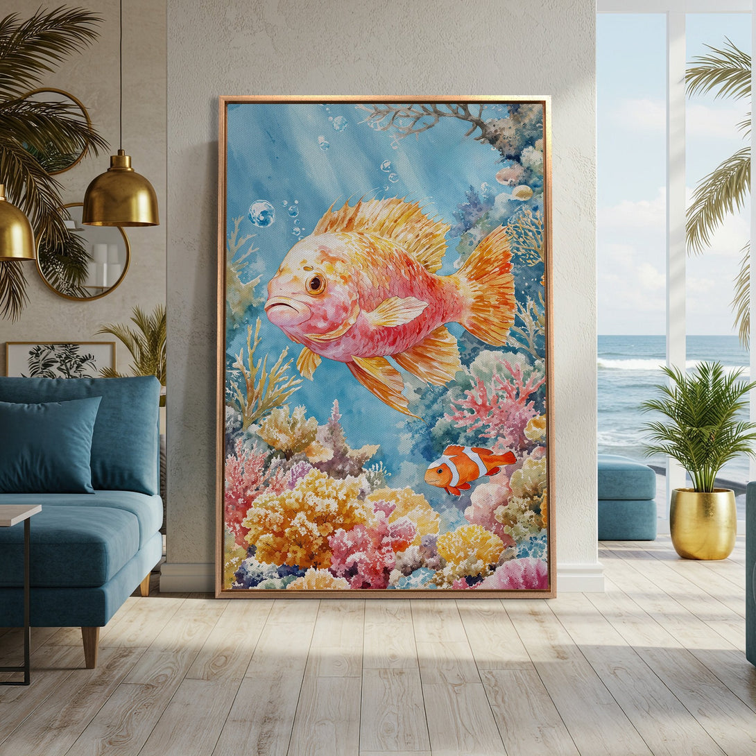 Framed Wall Art featuring a vibrant watercolor fish scene. Coastal decor with coral reef, blue, orange, and pink hues. Perfect for a beach house vibe.