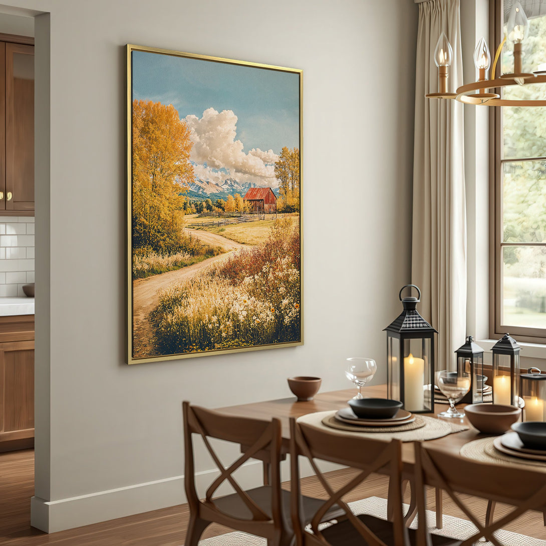 Canvas Print of a rustic landscape with a red barn, featuring warm autumn colors. Perfect for farmhouse decor.