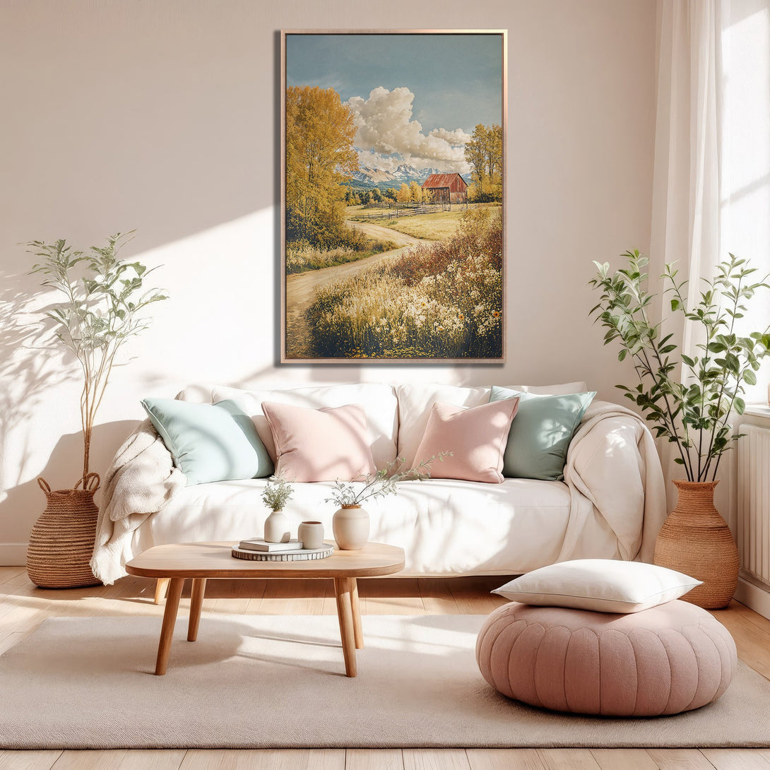 Framed Wall Art: Rustic landscape Canvas Print with warm, inviting colors. Perfect for adding a touch of nature to your home decor.