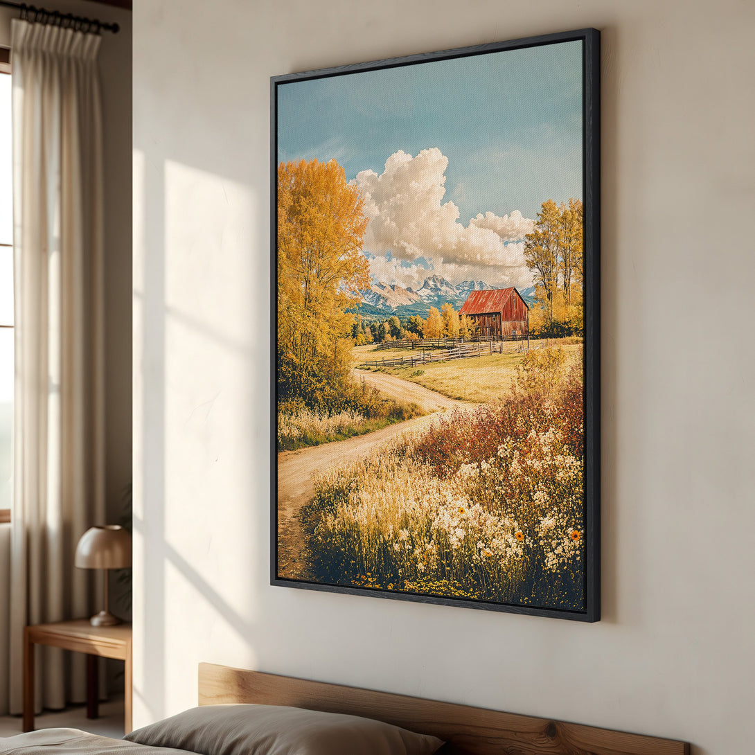 Framed Wall Art: Rustic landscape Canvas Print with a barn, mountains, and fall colors. Perfect for adding warmth to your home decor.