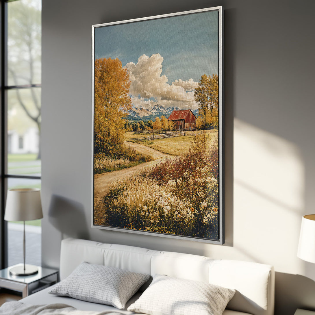 Framed Wall Art: Rustic landscape Canvas Print with a barn, mountains, and golden fall colors. Perfect for adding warmth and charm to your home decor.