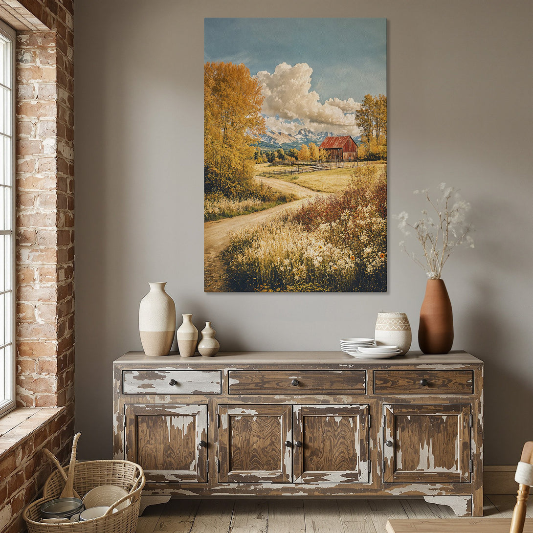 Framed Wall Art: Rustic landscape Canvas Print with a red barn, mountains, and fall colors. Perfect for adding warmth and charm to your home.
