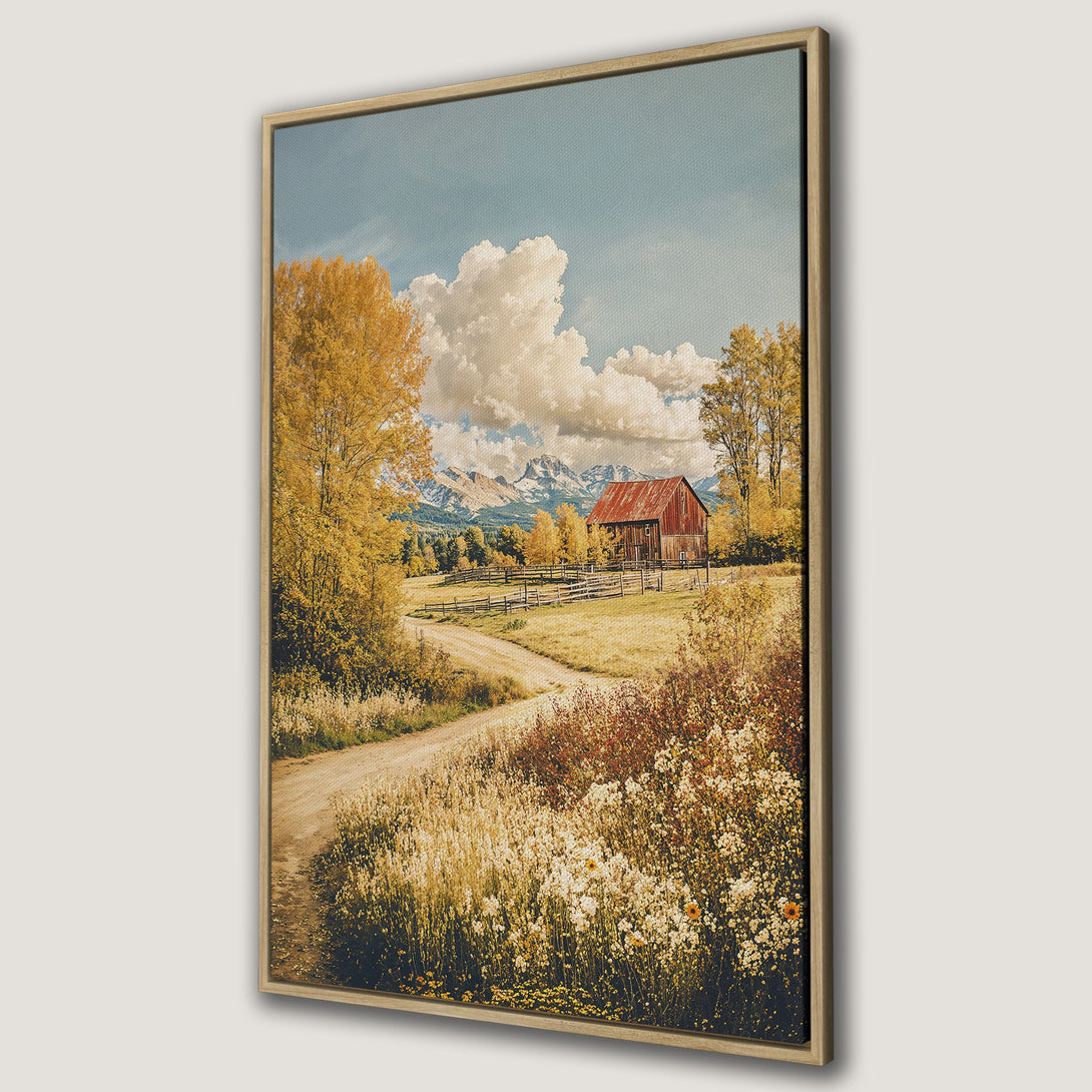 Framed Wall Art: Rustic landscape Canvas Print featuring a barn, fall foliage, and mountains. Warm, inviting color palette perfect for home decor.