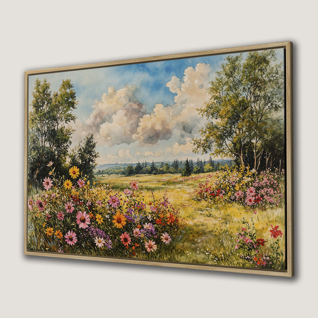 Framed Wall Art: Watercolor landscape Canvas Print with vibrant wildflowers, trees, and a blue sky. Warm, inviting color palette for home decor.