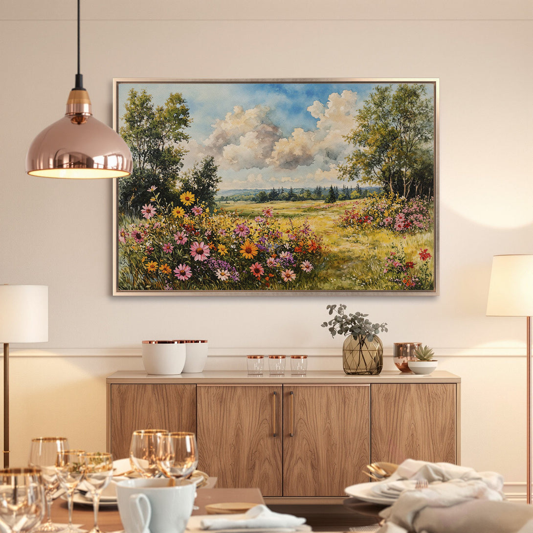 Framed Wall Art: Watercolor landscape Canvas Print with wildflowers, trees, and sky. Soft, warm color palette perfect for home decor.