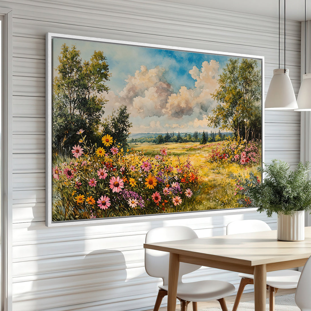 Framed Wall Art: Watercolor landscape Canvas Print with vibrant wildflowers, trees, and sky. Warm yellow, pink, and blue tones create a peaceful interior.