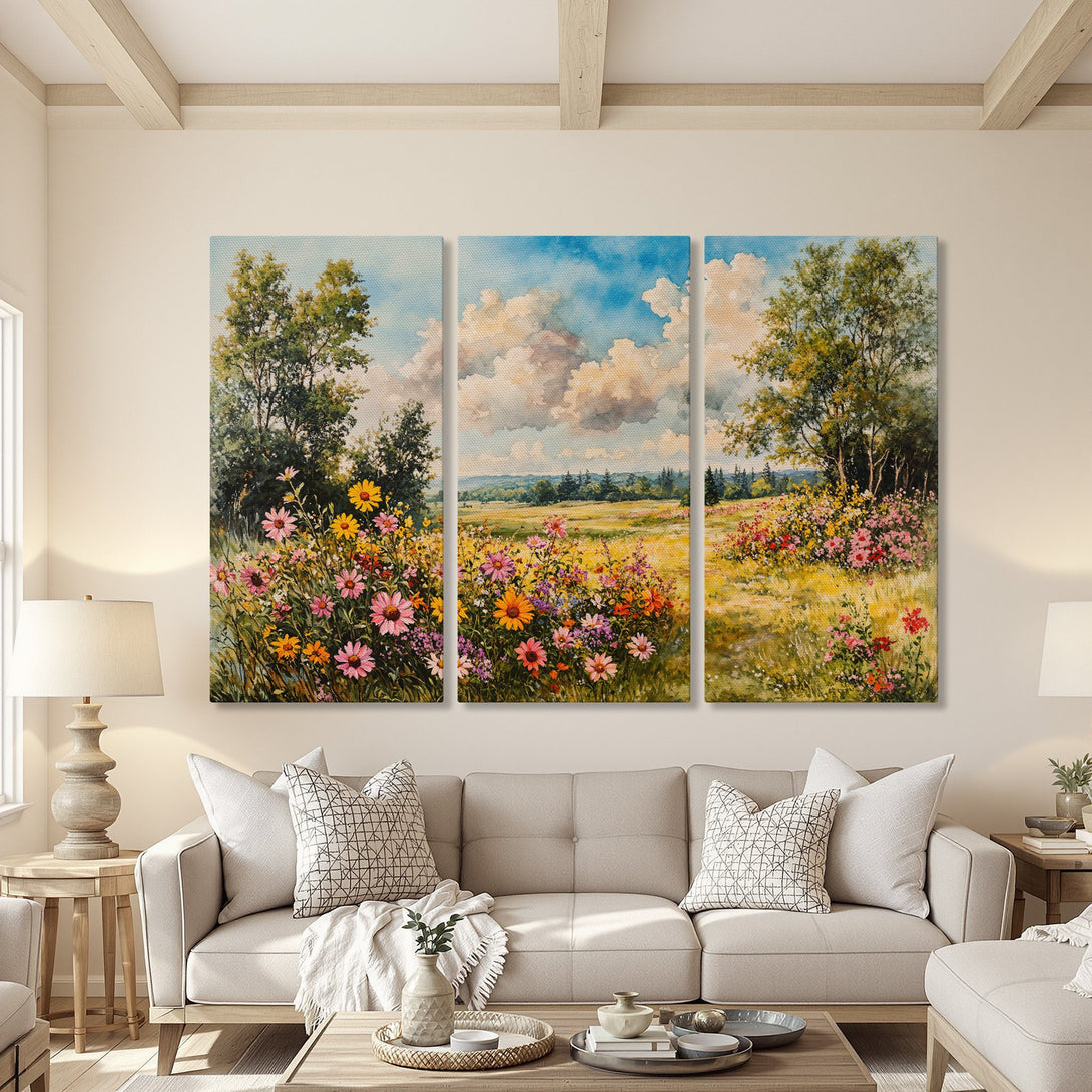 Canvas Print triptych of a vibrant wildflower meadow. Watercolor style with a warm color palette. Perfect wall art for a calming living room.