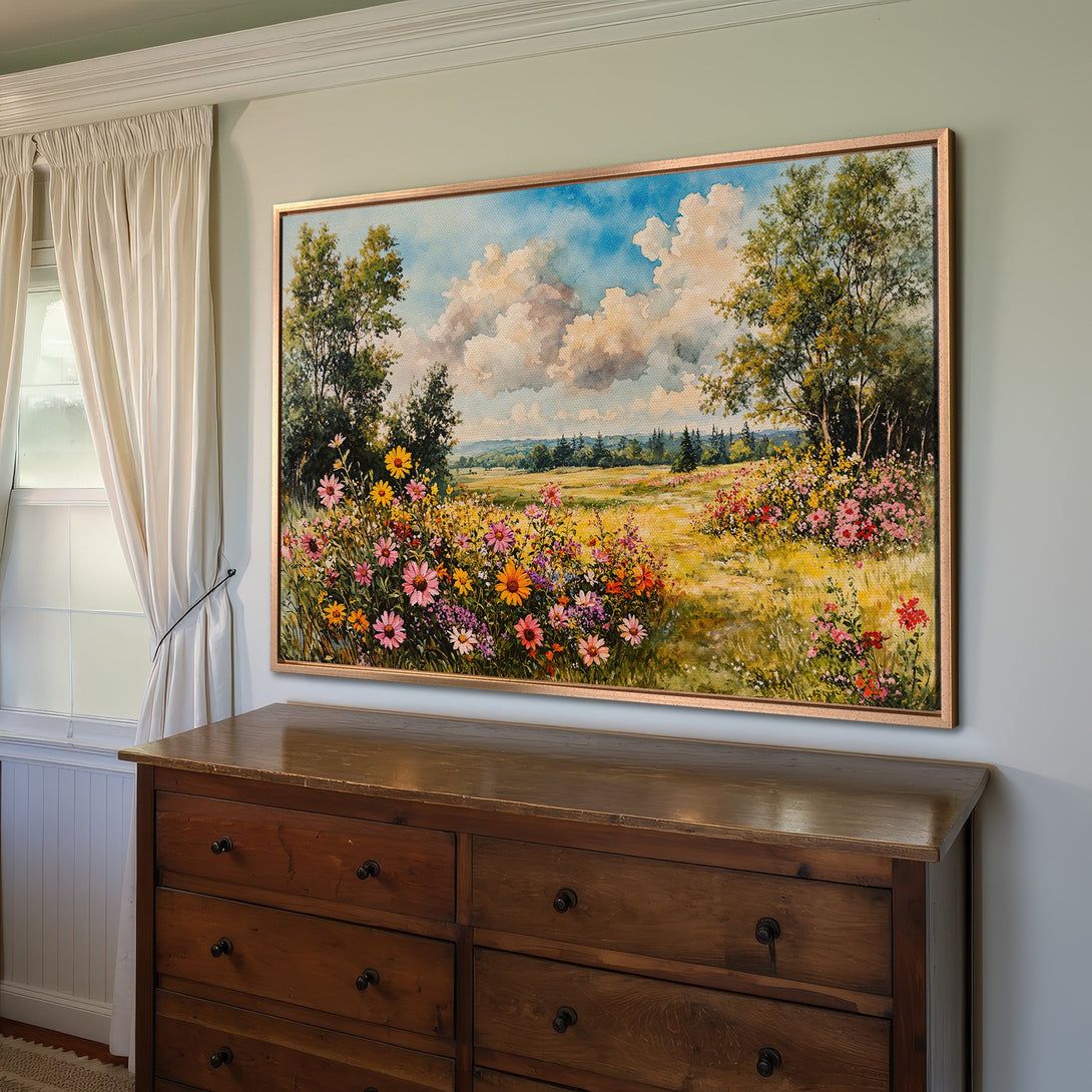Framed Wall Art: Watercolor landscape Canvas Print with wildflowers, trees, and blue sky. Earthy tones with pops of color, perfect for home decor.