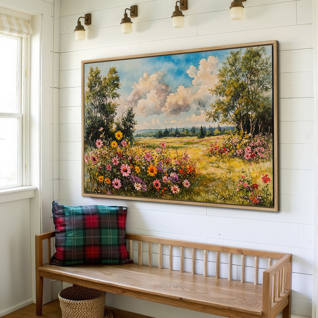 Framed Wall Art: Watercolor landscape Canvas Print with vibrant wildflowers in a bright, colorful palette. Perfect for adding a touch of nature to your home!