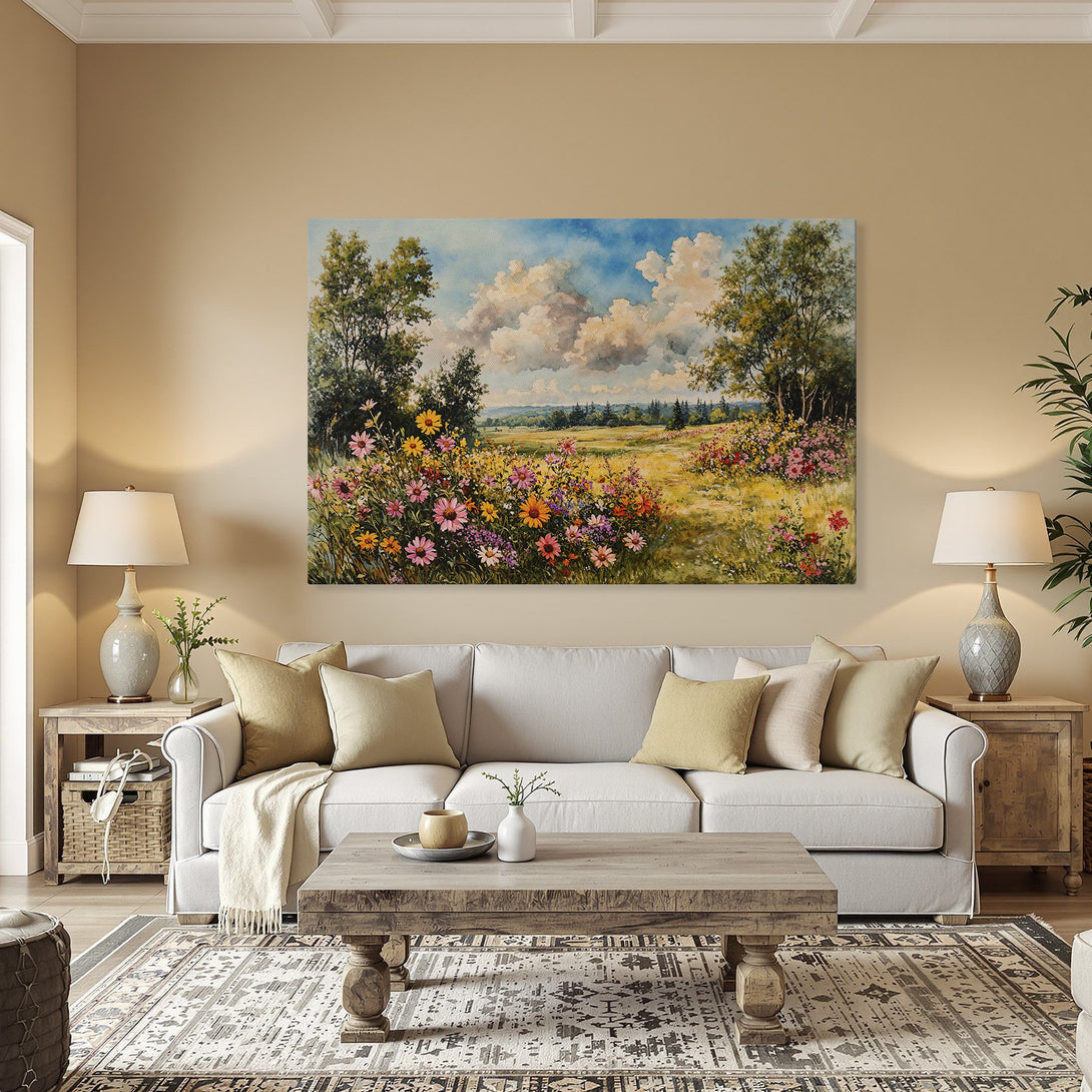 Framed Wall Art: Watercolor landscape Canvas Print with wildflowers, sky, and trees. Warm color palette, perfect for home decor.