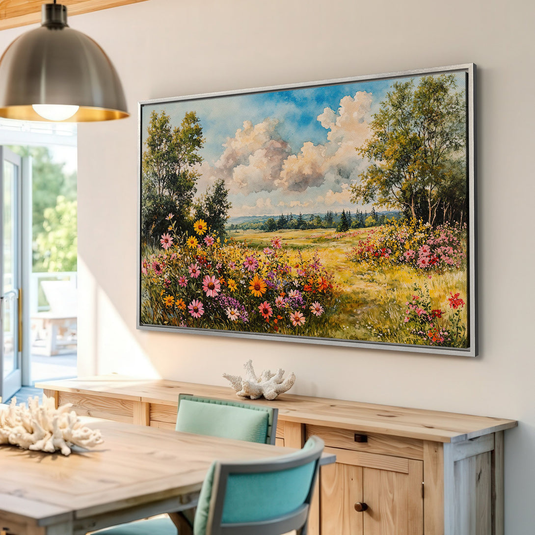 Framed Wall Art: Watercolor landscape Canvas Print with vibrant wildflowers, blue sky, and warm color palette, perfect for home decor.