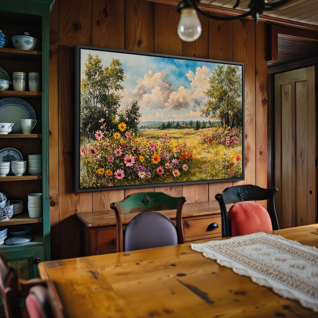 Framed Wall Art: Watercolor landscape Canvas Print with wildflowers, trees, and blue sky, warm and inviting color palette. Perfect for home decor!