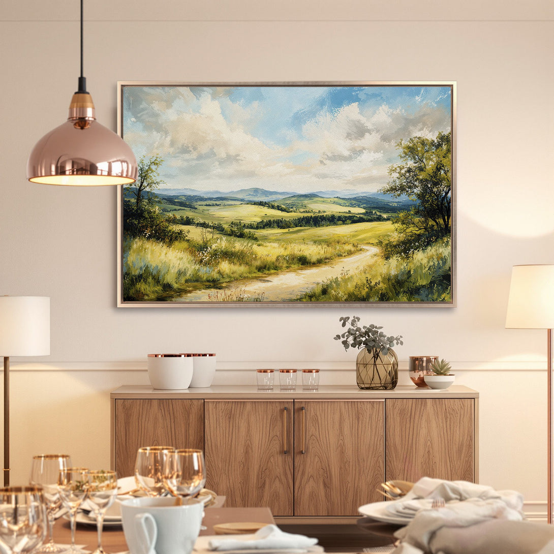 Framed Wall Art: Landscape painting with rolling hills, blue sky, & golden hues. Perfect for adding a touch of nature to your home decor.