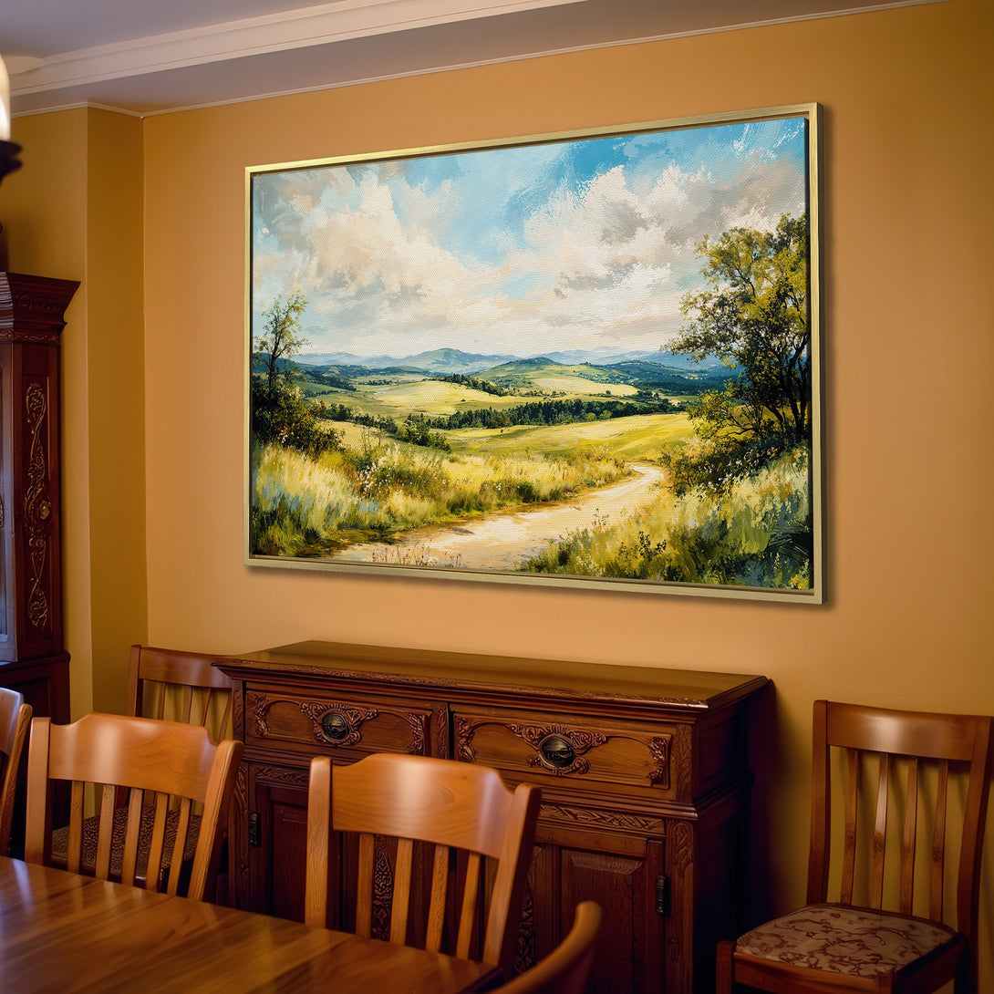 Canvas Print of a serene landscape painting in a warm, neutral interior. Features rolling hills, blue skies, and a calming color palette. Perfect wall art.