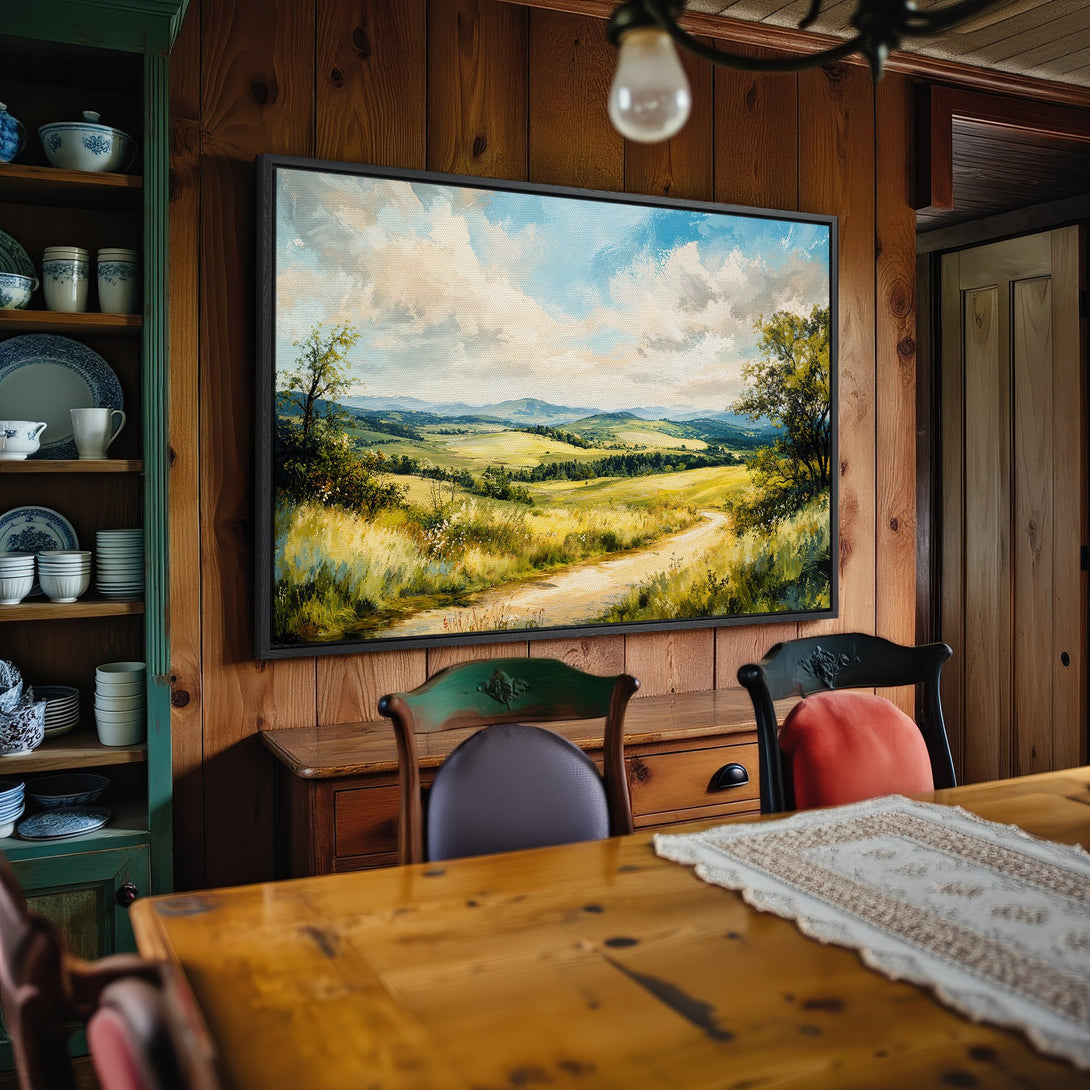 Framed Wall Art: Landscape Canvas Print with a serene, impressionistic style. Features a path through rolling hills in a warm, natural color palette.