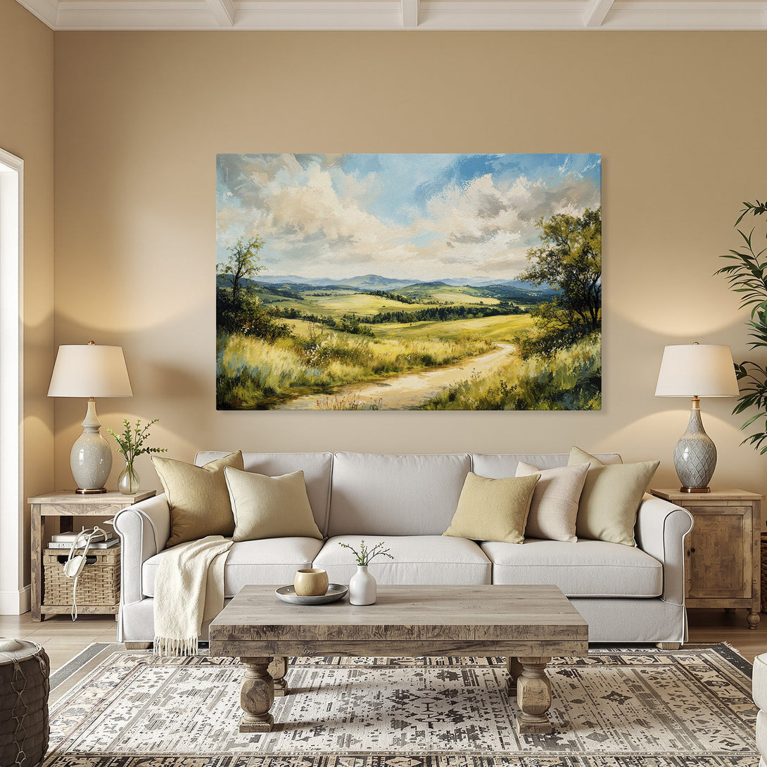 Framed Wall Art: Landscape painting with a path through a field, warm tones of green, yellow, and blue. Perfect for adding a touch of nature.