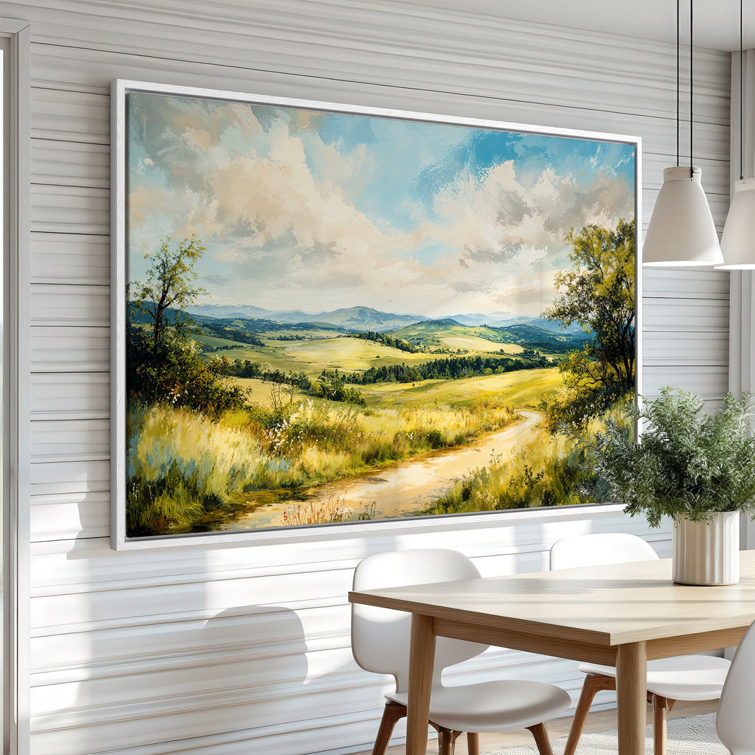 Framed Wall Art: Landscape painting in warm tones of yellow, green, and blue. Perfect for adding a touch of nature to your home decor.