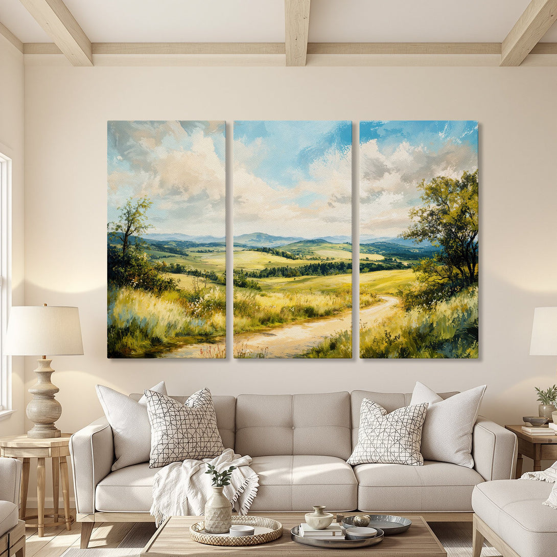 Canvas Print of a serene landscape painting in a warm, inviting interior. Featuring a vibrant blue sky, green fields, and a neutral color palette.