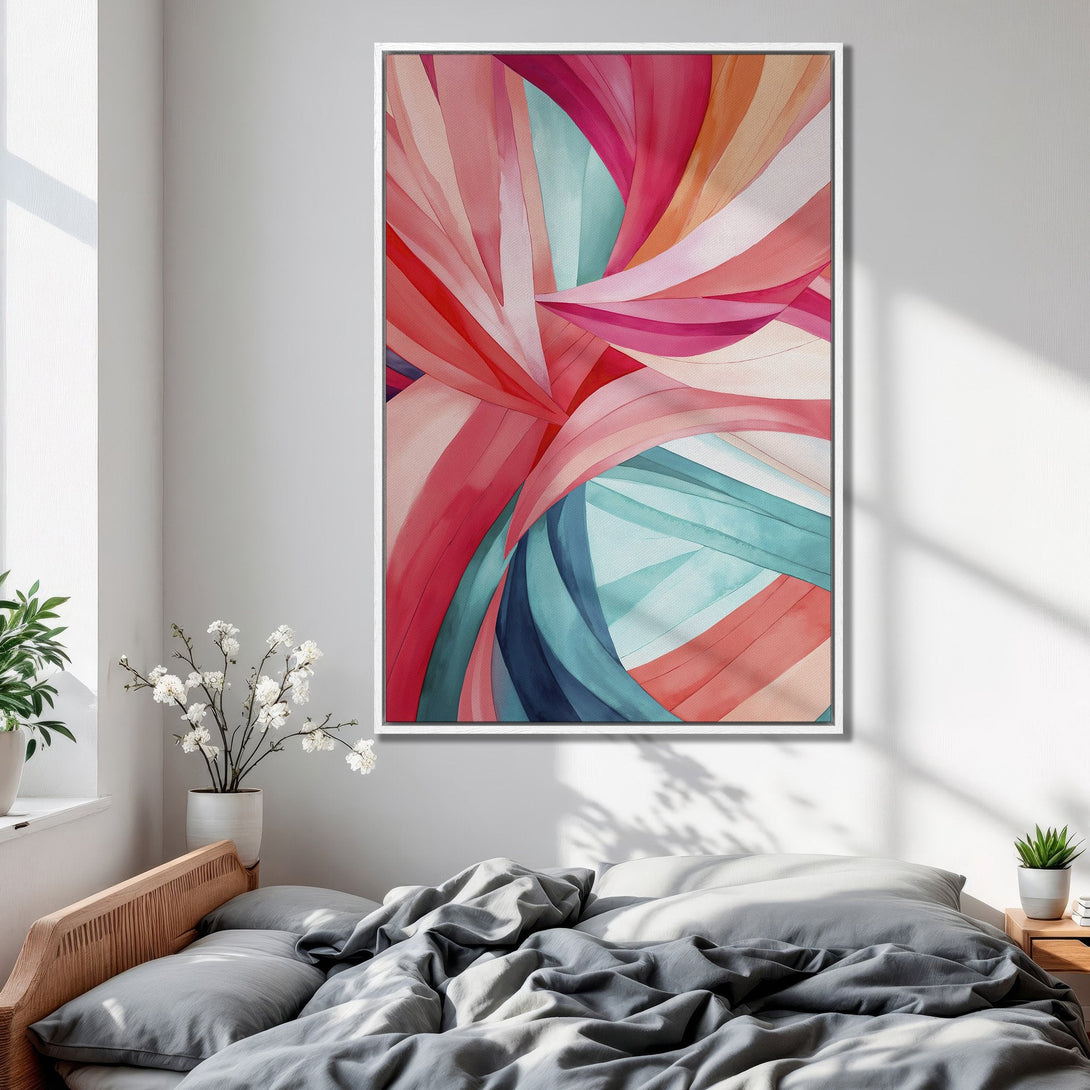 Framed Wall Art: Abstract watercolor print in pink, red, and teal. Modern art for bedroom decor. Enhance your space with this vibrant canvas print!