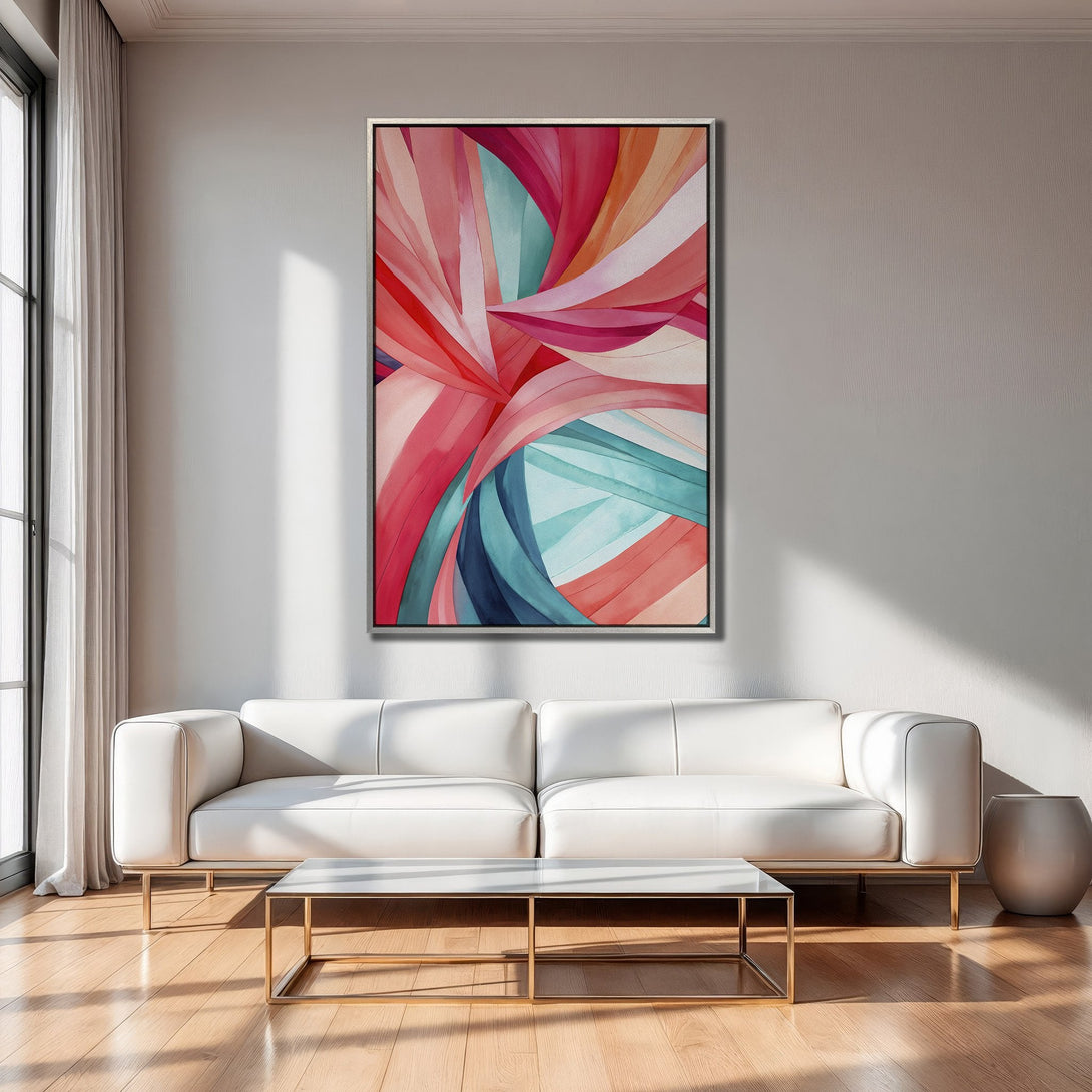 Framed Wall Art: Abstract art Canvas Print with swirling lines in a vibrant red, pink, and teal color palette. Modern art for your living room.