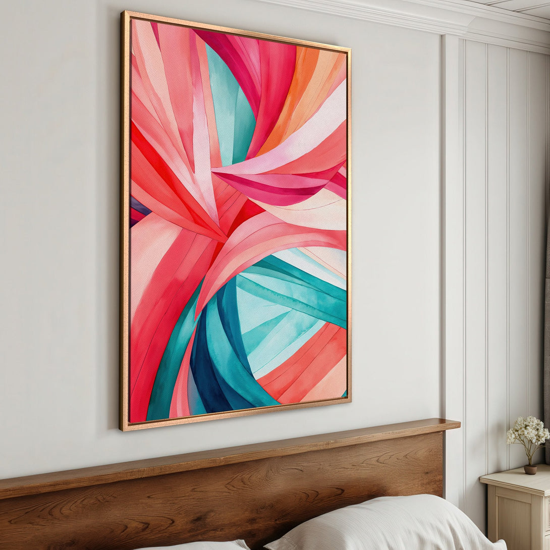Framed Wall Art: Abstract watercolor art in vibrant red, pink, and teal hues. Modern decor for bedroom or living room. Shop now for colorful wall art!