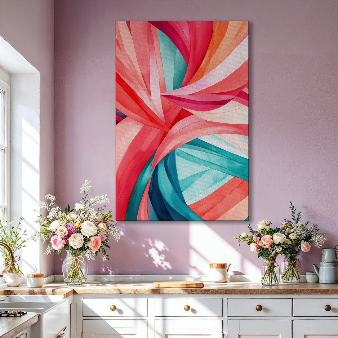 Framed Wall Art: Abstract canvas print with flowing ribbons in red, pink, and teal. Modern art for living room decor, adding a pop of color.
