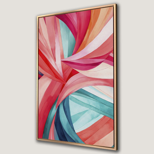 Framed Wall Art featuring an abstract watercolor design in a vibrant red, pink, and teal color palette. Modern art for a stylish home.