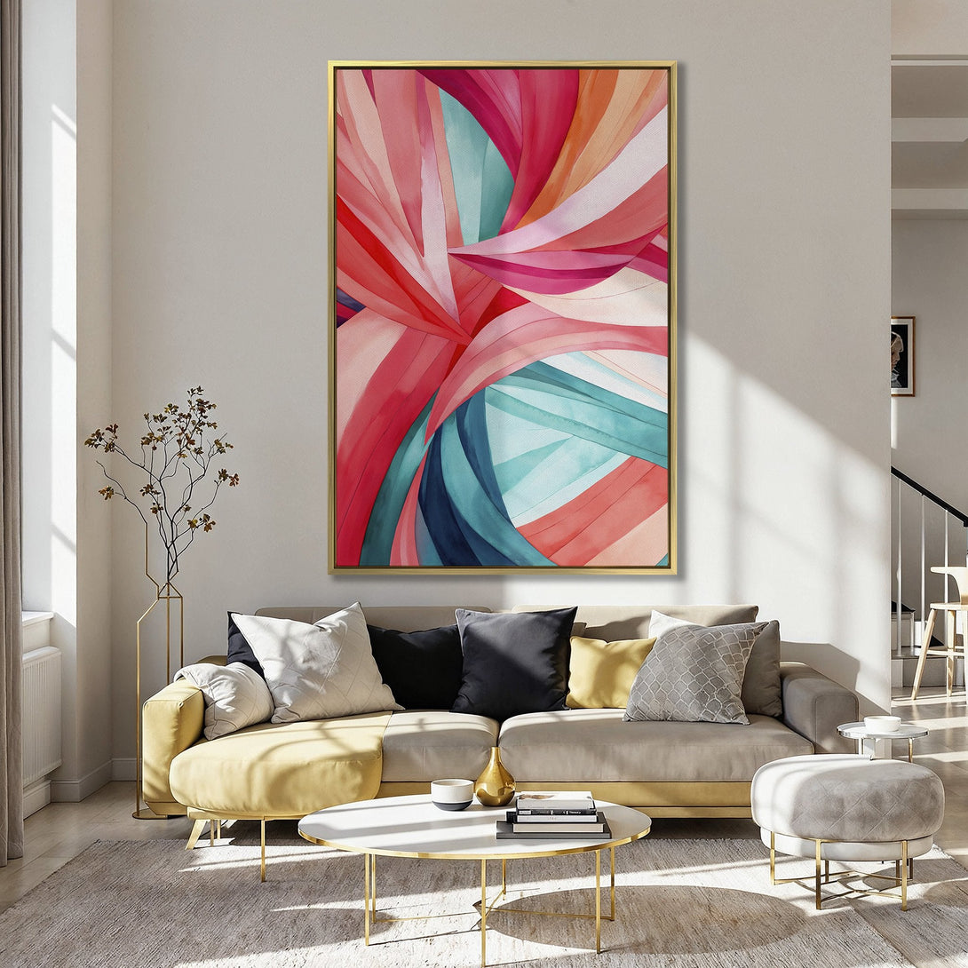 Canvas Print featuring an abstract swirl design in vibrant red, pink, and teal hues. Modern wall art for a stylish interior.