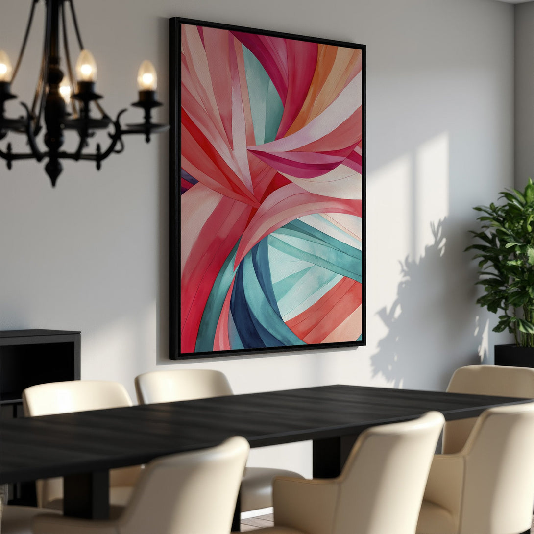 Framed Wall Art: Abstract watercolor canvas print in vibrant red, pink, and teal hues. Modern art for dining room decor, adding a pop of color and style.