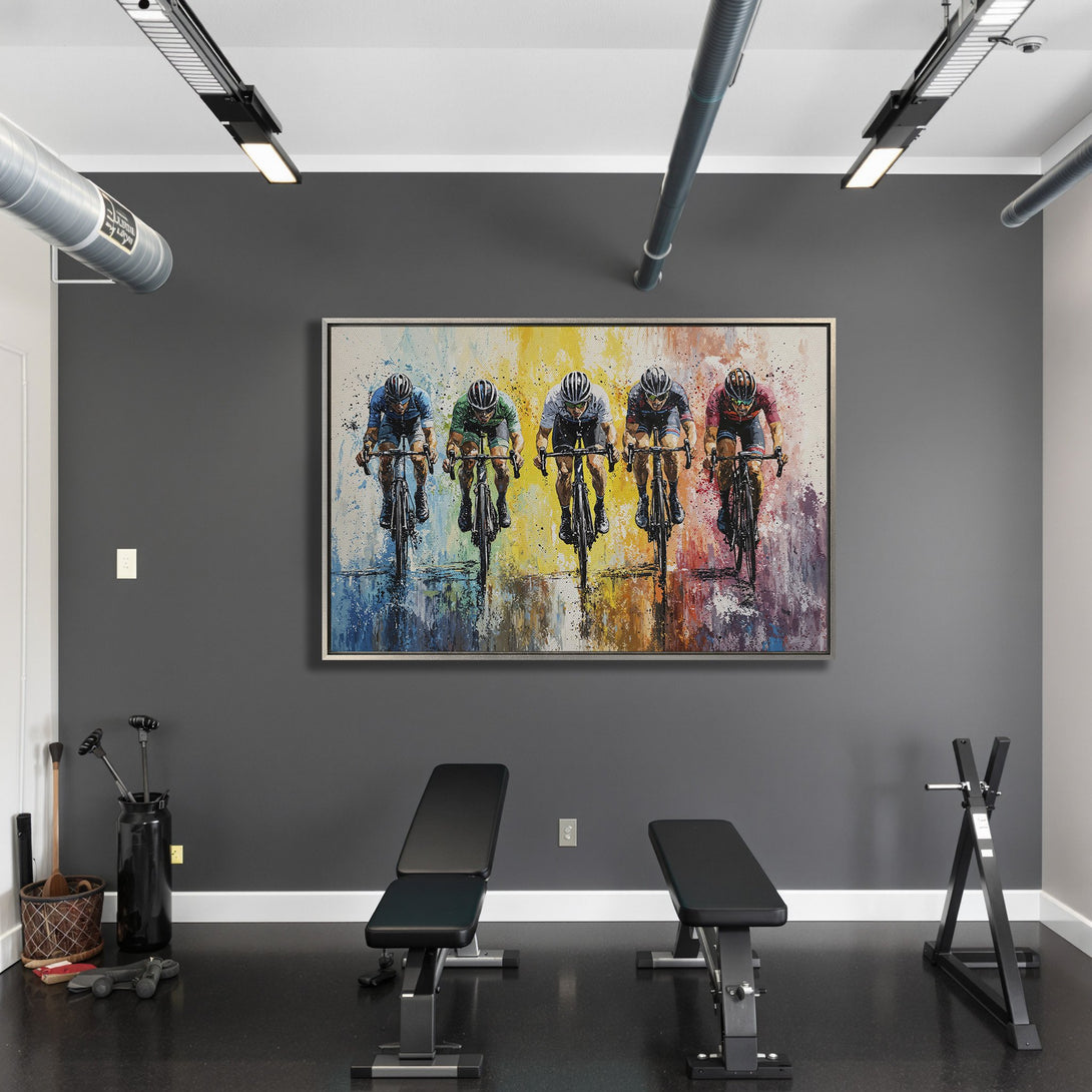 Framed Wall Art of cyclists racing, vibrant watercolor style with a colorful palette. Perfect for home gym decor!