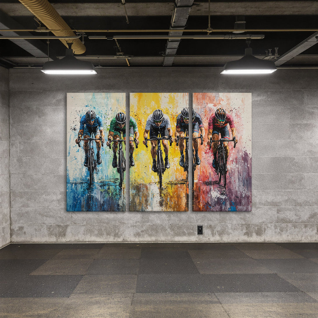 Canvas Print of cyclists racing, abstract style with vibrant colors. Perfect wall art for sports enthusiasts.