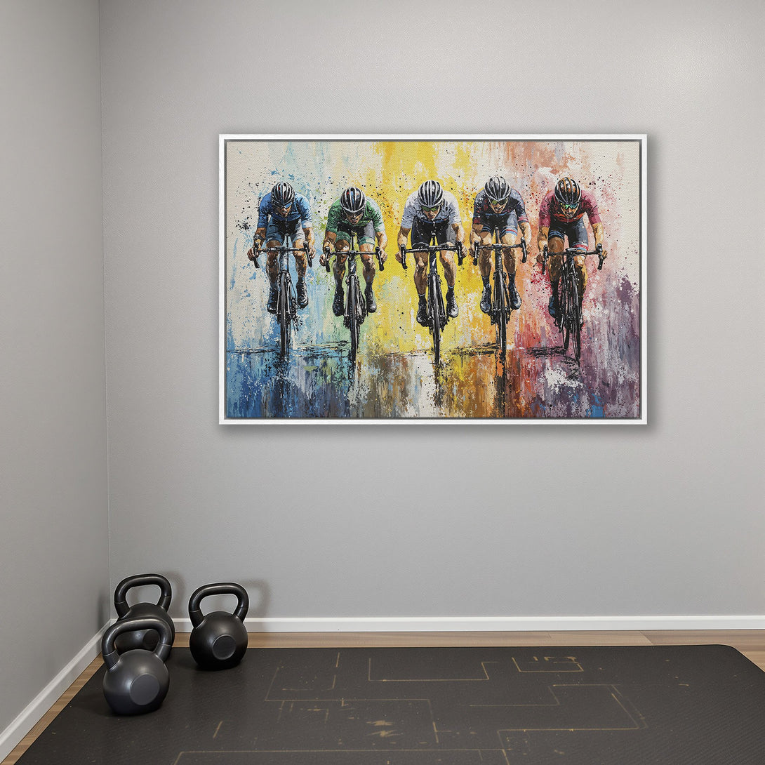 Framed Wall Art: Abstract cycling art with vibrant color palette. Perfect for home gym or modern decor. Canvas Print ready to hang!