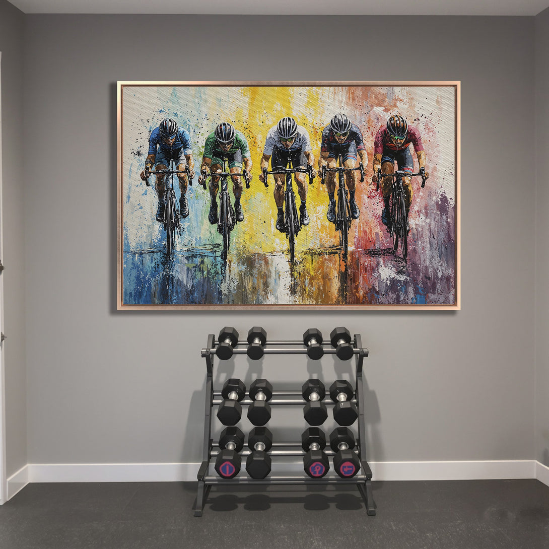 Framed Wall Art: Abstract cycling art with vibrant colors. Dynamic Canvas Print of cyclists racing, perfect for modern home decor.
