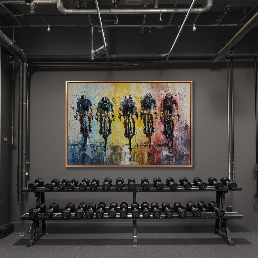 Framed Wall Art: Dynamic cycling art print showcasing vibrant colors. Abstract style with a colorful palette. Perfect for adding energy to your space.