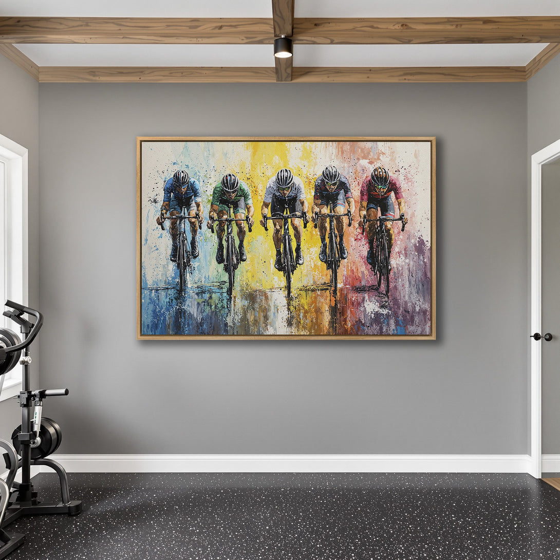 Framed Wall Art featuring cyclists in a vibrant, abstract style. Colorful, dynamic artwork with a bold, multi-colored palette perfect for any space.