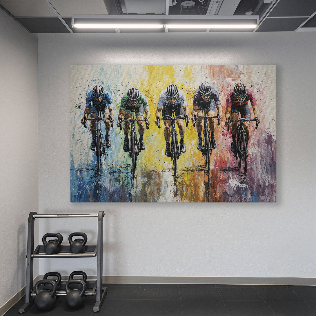 Framed Wall Art of cyclists racing. Abstract style with vibrant, colorful palette. Perfect for home gym decor. Canvas Print available.