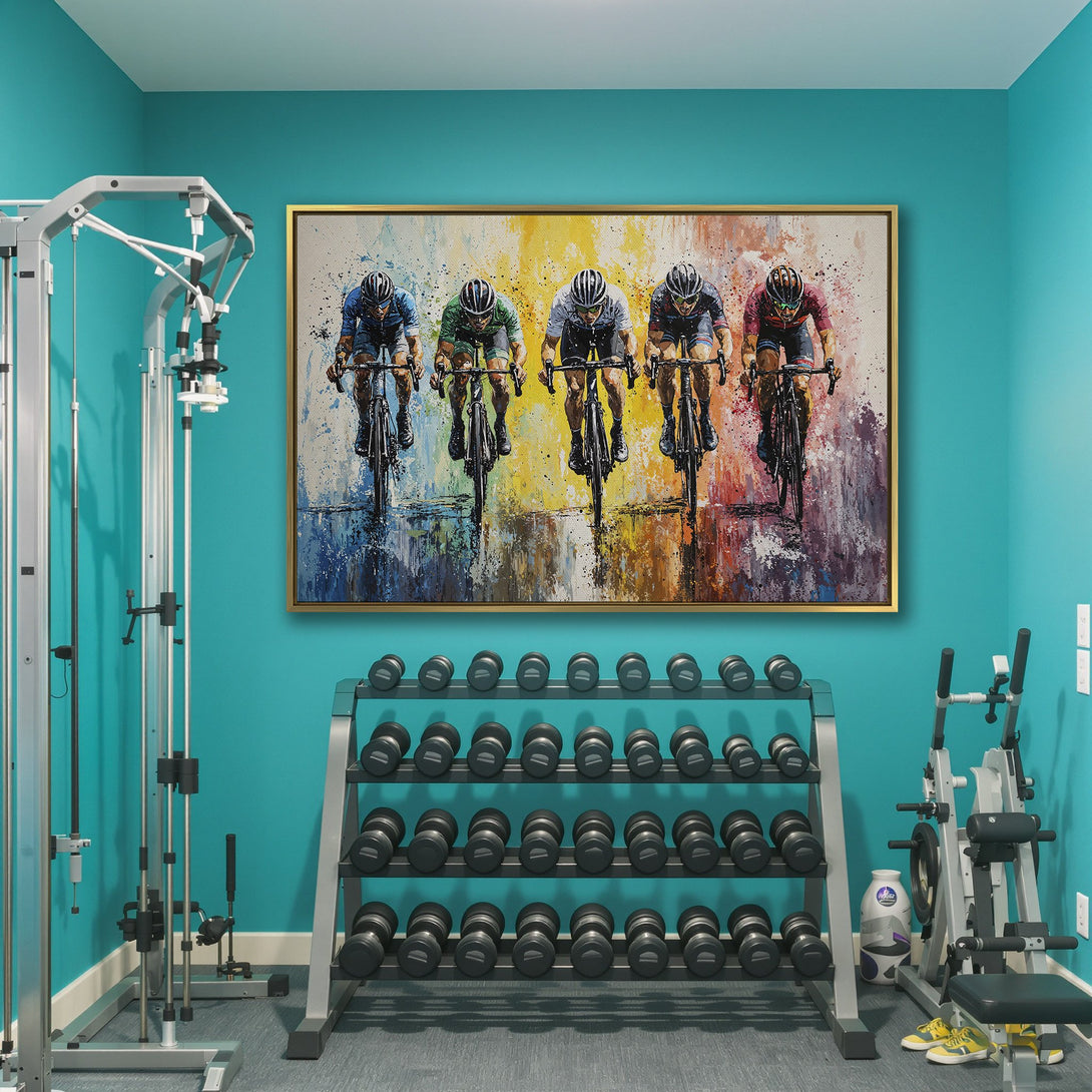 Canvas Print of cyclists racing, vibrant watercolor style with a colorful palette. Perfect wall art for any space!
