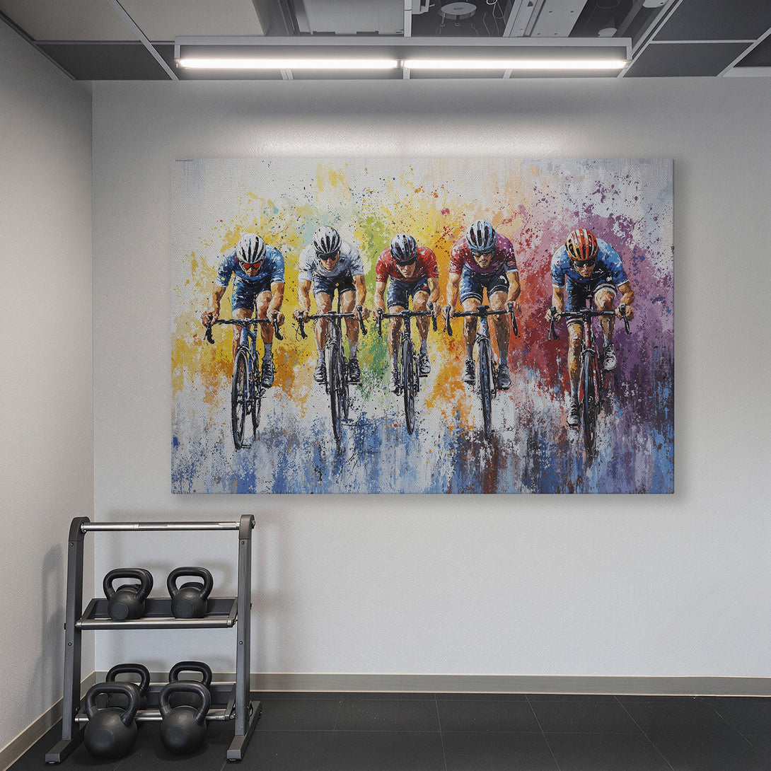 Framed Wall Art: Colorful cycling race art in a modern gym. Vibrant abstract style with a rainbow palette. Perfect for a fitness space.