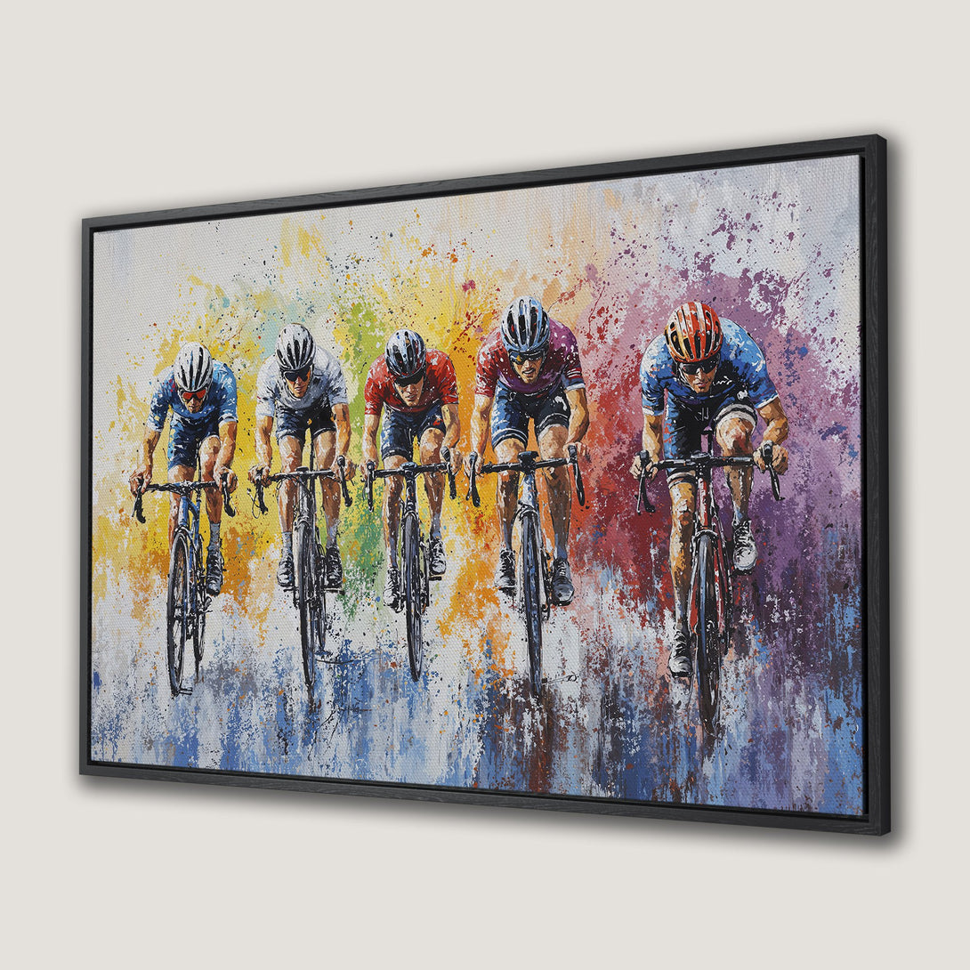 Framed Wall Art: Dynamic cycling race art. Vibrant, abstract style with a colorful palette of blues, reds, yellows, and purples. Perfect for sports fans!