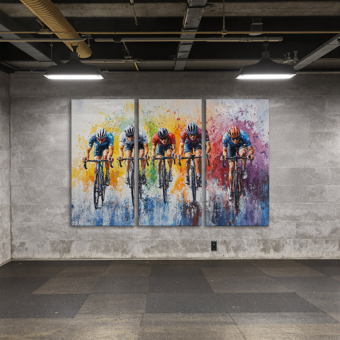 Abstract Canvas Print of cyclists racing, vibrant colorful artwork, perfect for modern interiors.