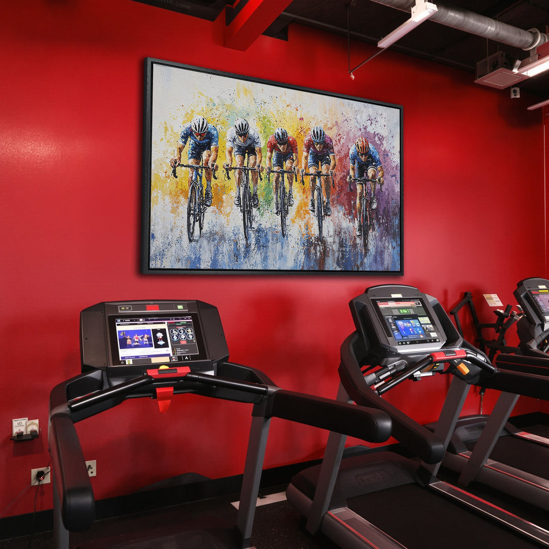 Framed Wall Art featuring cyclists in vibrant colors. Modern, abstract painting adds energy to any space. Perfect for home gyms & fitness studios.