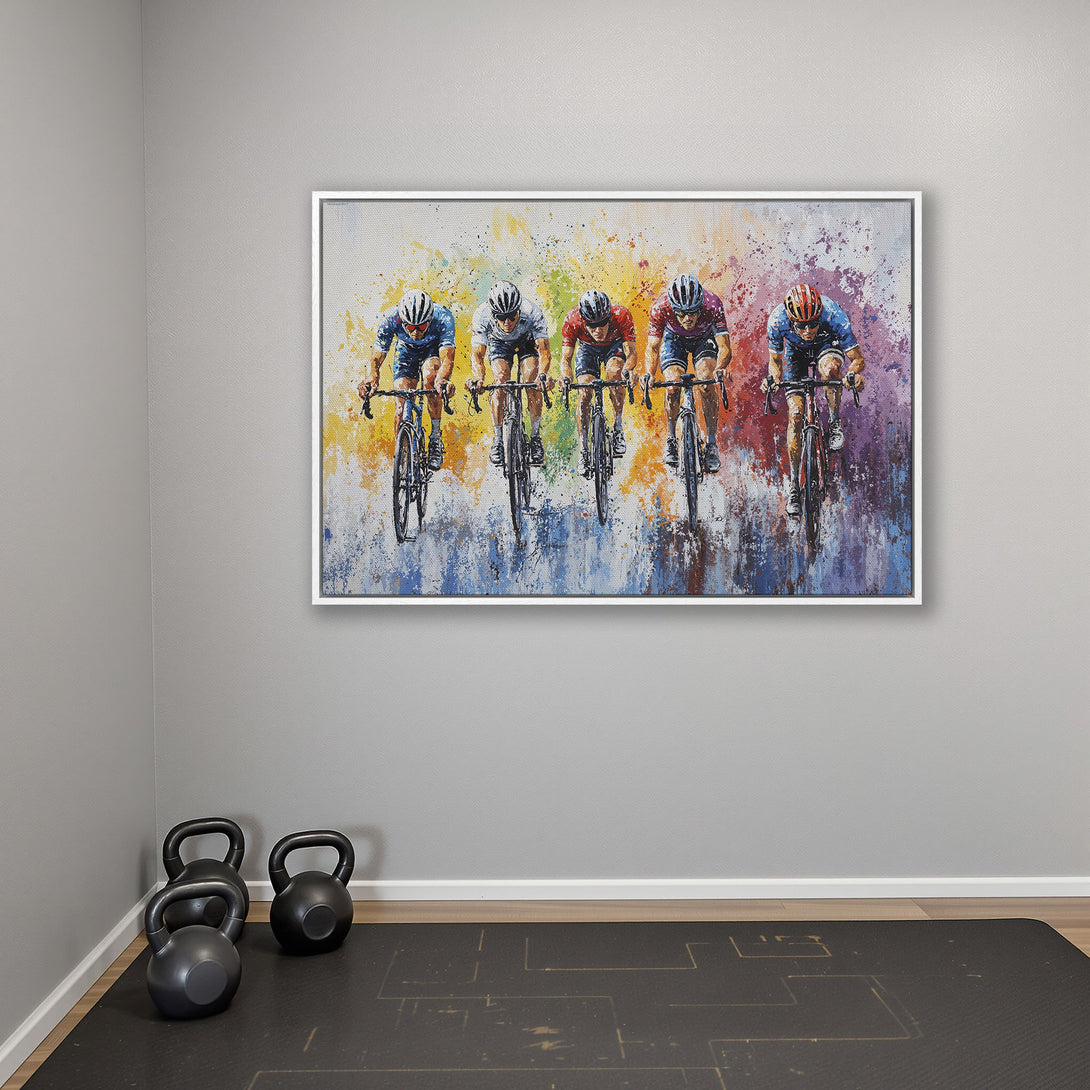Framed Wall Art featuring cyclists in vibrant colors. Abstract, energetic painting style. Perfect for home gyms and modern decor. Canvas Print available.