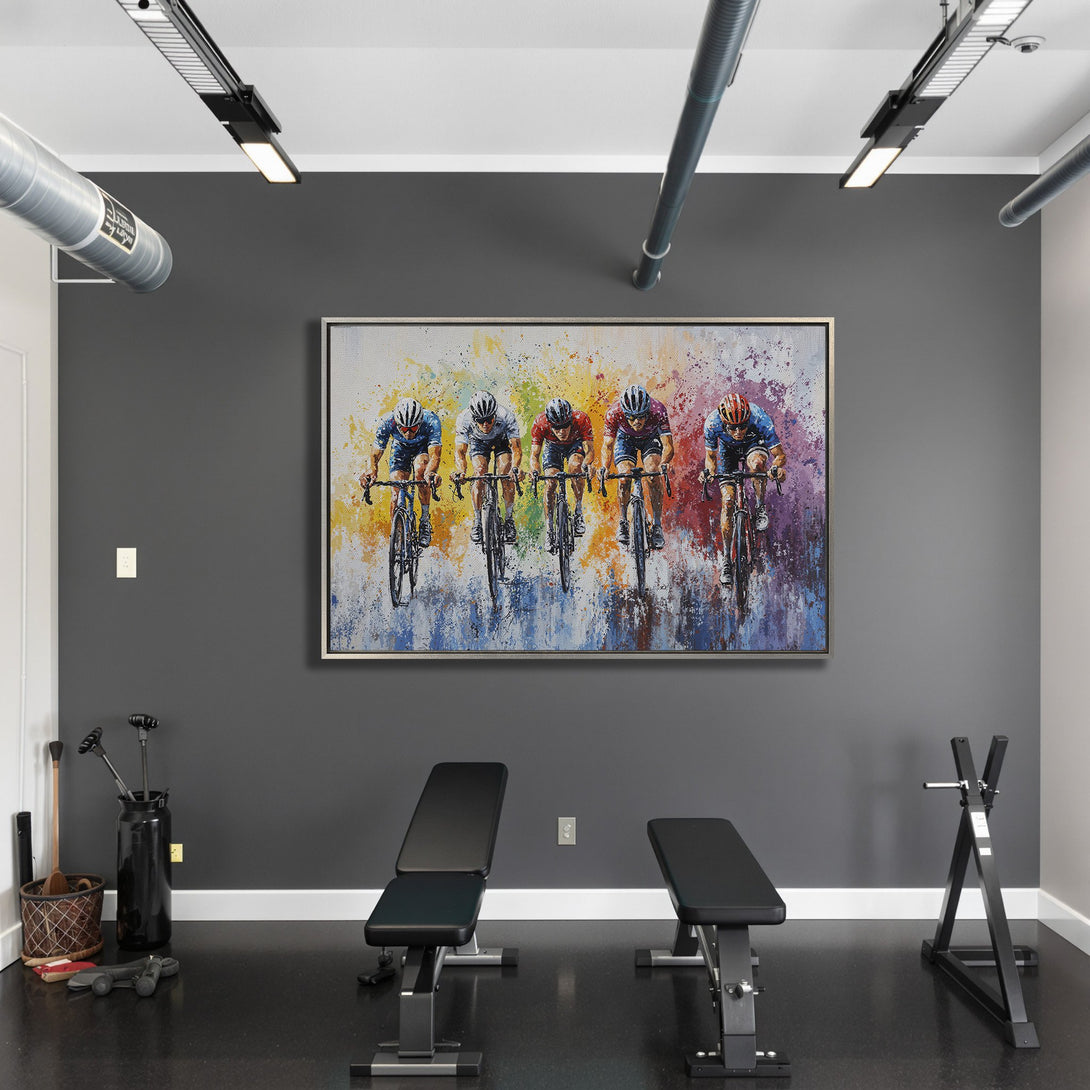 Framed Wall Art: Abstract cycling art with vibrant rainbow colors. Adds a pop of color to any space. Modern art for home decor.