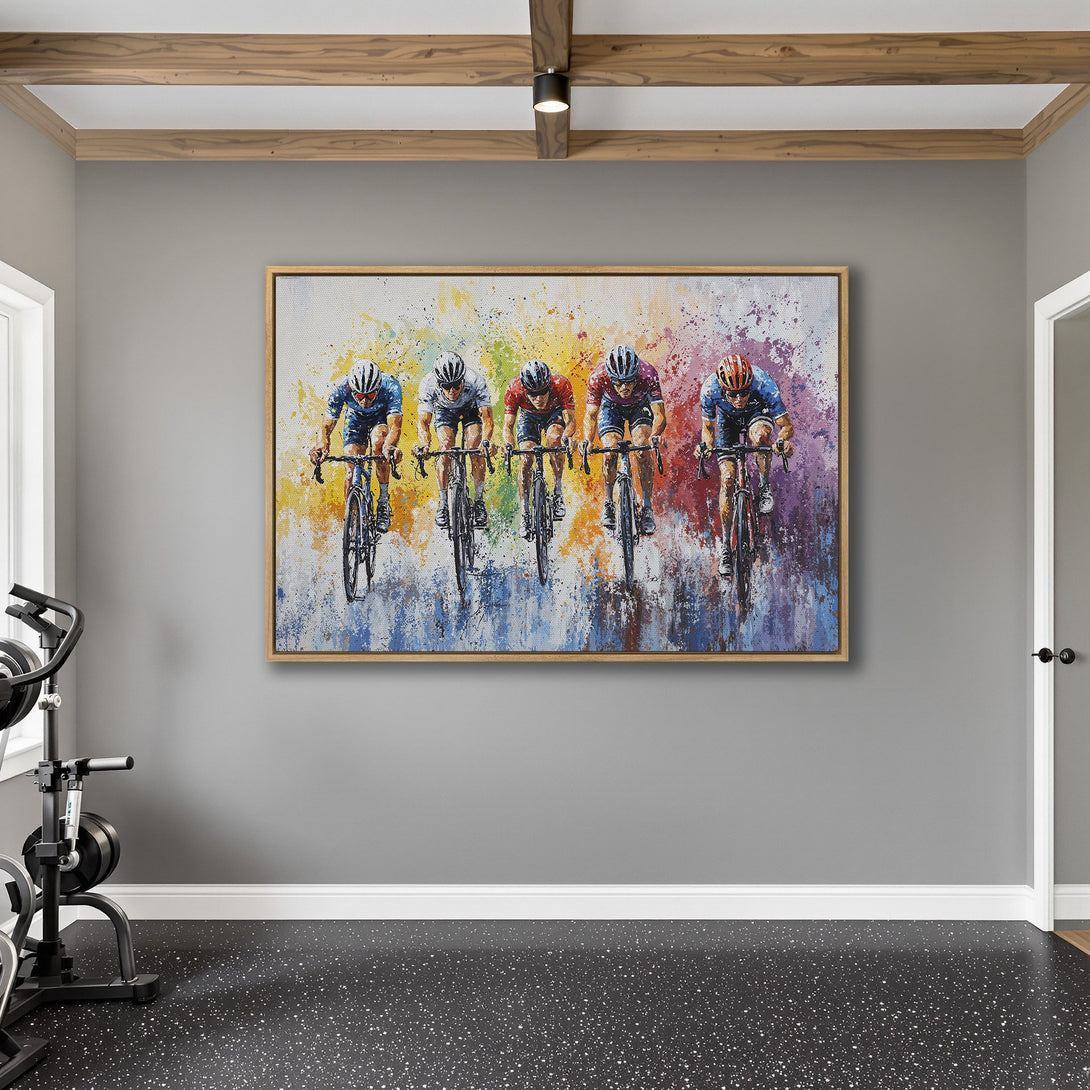 Framed Wall Art: Colorful abstract painting of cyclists in action. Vibrant, modern art with a rainbow color palette, perfect for home decor.