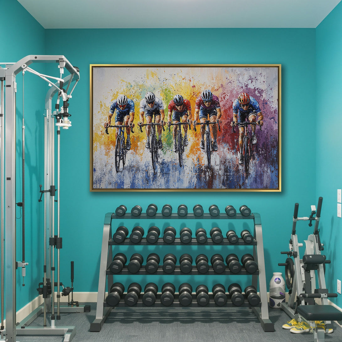 Canvas Print of cyclists in action, vibrant abstract art with a colorful palette. Perfect wall decor for a modern interior!